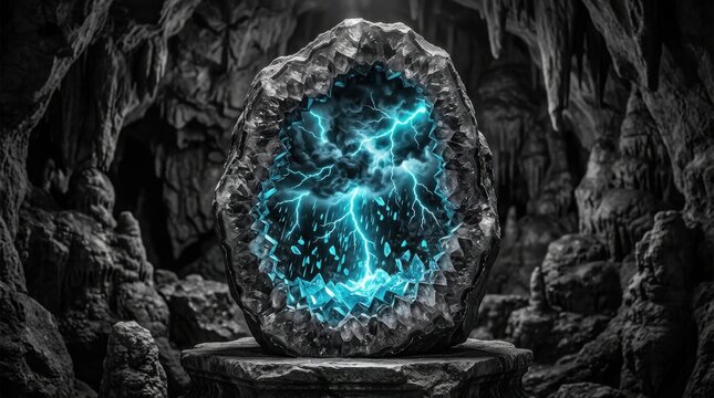 Glowing geode with lightning energy inside a dark cave