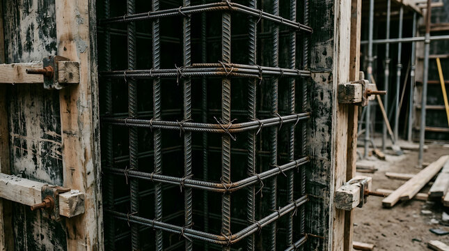 Steel rebar cage inside wooden formwork for a concrete column. Close up of structural reinforcement preparation at a construction site