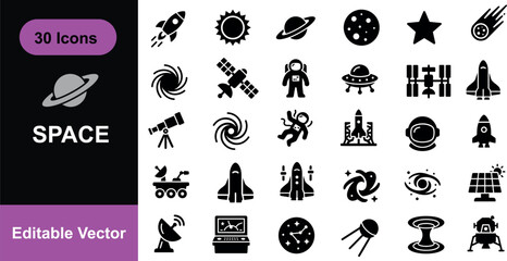 Space exploration icon set rockets planets astronauts and cosmic elements © Ranjit