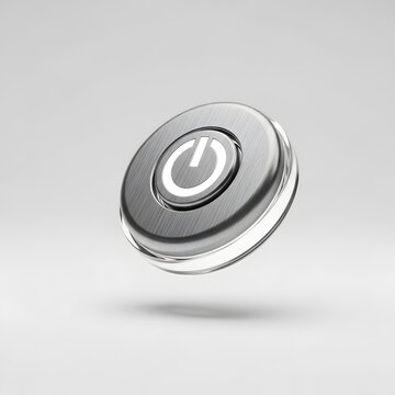 Metallic round power button icon on transparent background isolated