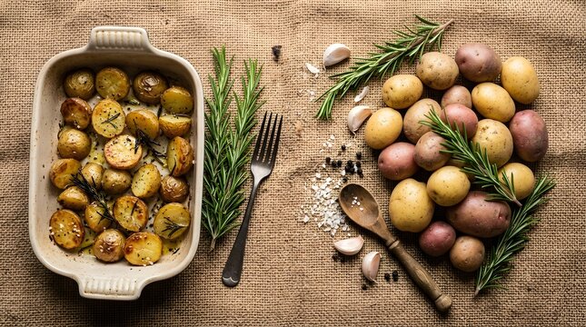 Freshly roasted potatoes in baking dish with herbs, homemade oven-baked vegetable side dish garnished with rosemary and garlic, perfect for national potato day