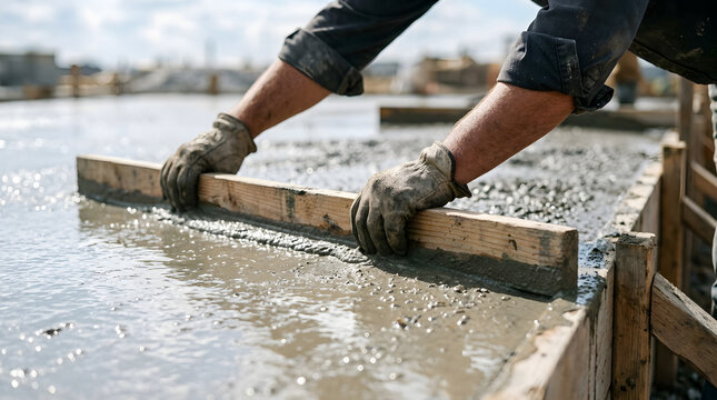 Close up of worker hands leveling wet concrete with wooden board. Mason screeding cement surface over formwork. Construction industry manual labor