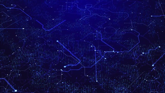Abstract blue network map displays nodes, dotted regions, connecting routes, layered digital lines. global internet technology, data transfer, cyber systems, location tracking, cloud services,