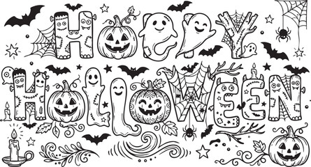 Naklejka premium Happy Halloween Doodle Lettering Coloring Page – Hand-Drawn Monster, Pumpkin and Ghost Typography Illustration