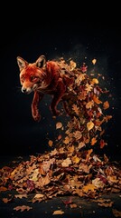 Fototapeta premium Fox jumping out of pile of autumn leaves