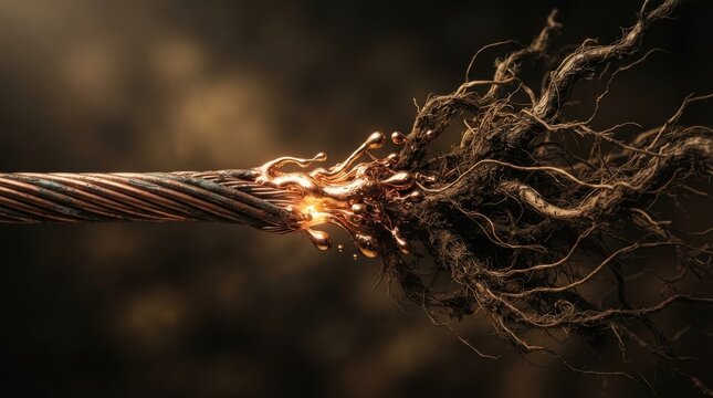 Molten copper wire fraying into organic roots