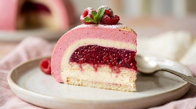 Sliced raspberry bombe cake with fresh berries on plate, elegant dessert slice showcasing layered cream and fruit filling, perfect for national raspberry bombe day