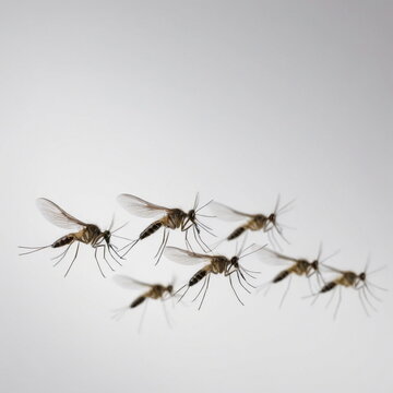 Ultra-detailed macro close-up of mosquitoes isolated on a clean white background. High-resolution image representing disease vectors, public health, insect biology, pest control, tropical infections, 