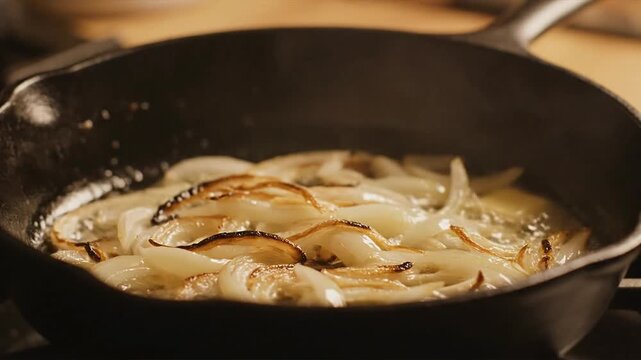 Onions caramelizing slowly in butter on hot cast iron pan