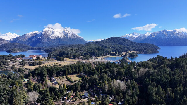 Bariloche Skyline In San Carlos De Bariloche Rio Negro Argentina. Breathtaking Landscape Of Forest Trees In The Rural Scene. Snowing Tourism Patagonia Landscape Snow Mountain.
