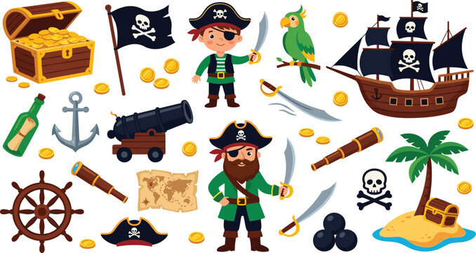 Cute cartoon pirate adventure vector element set with characters ship treasure chest map weapons parrot and tropical island illustration