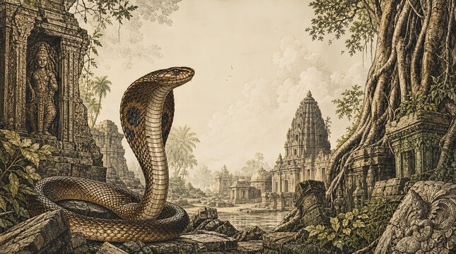 Sacred Indian Cobra King Naja Temple Ruins Engraving Banner Artwork