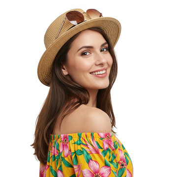 Smiling woman wearing a colorful dress and straw hat