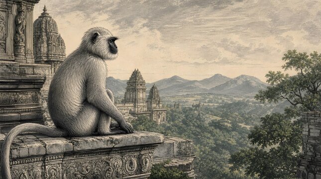 Sacred Hanuman Langur Monkey Temple View Engraving Banner Illustration