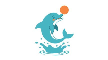 Naklejka premium Cute cartoon dolphin jumping out of the water with an orange ball in a playful illustration