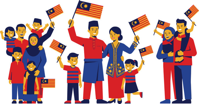 Happy Malaysian family group holding national flags celebrating independence day in traditional wear
