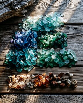 Colorful Sea Glass and Stones Artfully Arranged on Weathered Wood