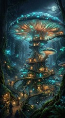 Fototapeta premium Fantasy mushroom tree house village in a magical forest at night