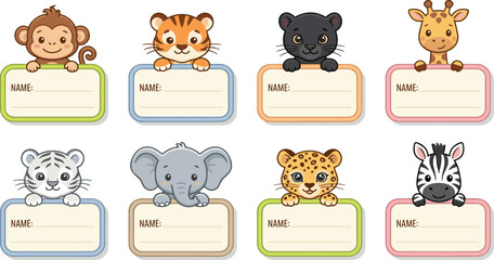 Obraz premium Cute safari baby animals name tags vector sticker set collection featuring cartoon monkey tiger panther giraffe elephant leopard and zebra