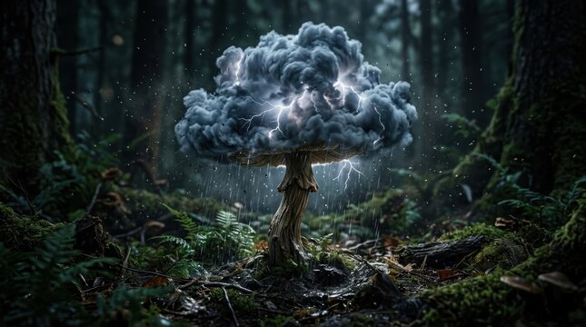 Mushroom with storm cloud top in a forest