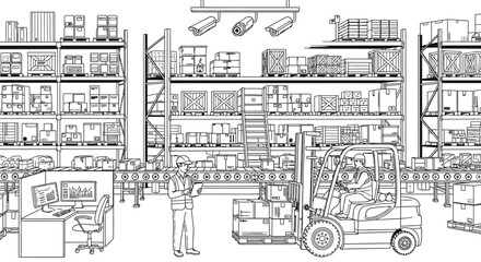 Obraz premium Warehouse interior with forklift security cameras and logistics operations