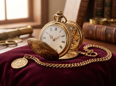 Antique Pocket Watch with Chain on Vintage Velvet Cushion