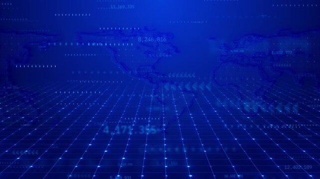 Blue world map appears perspective grid floating numbers, arrows, analytical global finance, market reports, international business, statistical presentations, network monitoring, technology