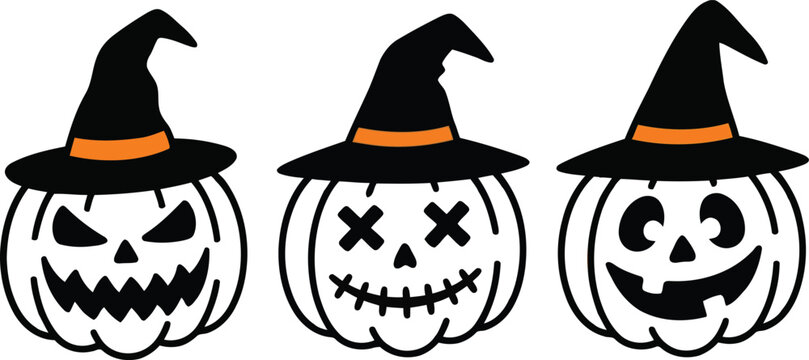Set of Three Halloween Pumpkin Faces Wearing Witch Hats, Jack O Lantern Black and White Vector Illustration