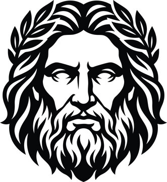 Ancient Greek God Zeus Head Engraving Vector, Laurel Wreath, Black and White Mythology Illustration