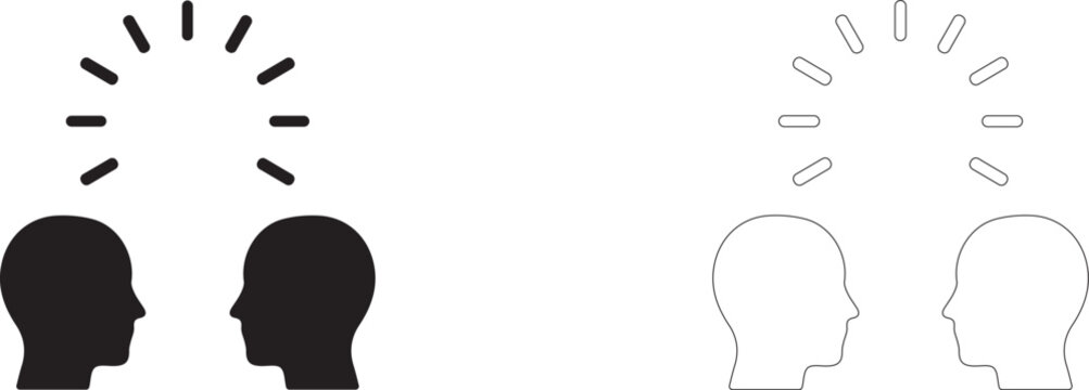 Thought exchange between two heads vector icon filled and outline, brainstorming and mentoring symbol.