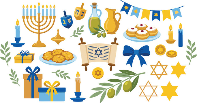 Happy Hanukkah festive vector elements set featuring menorah dreidel torah scroll gelts latkes sufganiyot olive branch and Jewish holiday decorations illustration