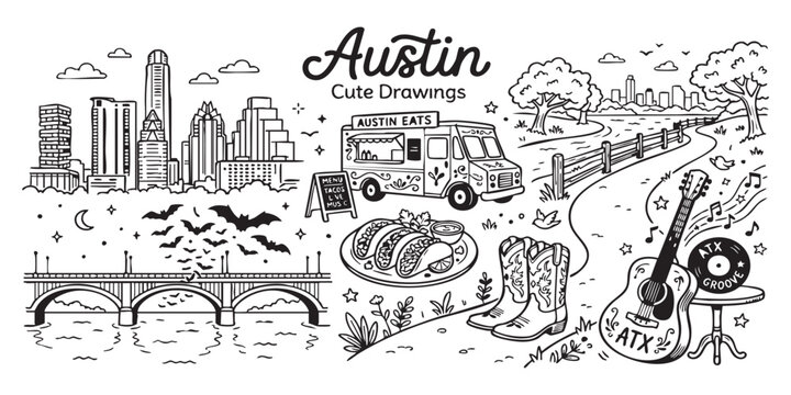 Austin texas city landmark doodle set with guitar taco food truck and bridge vector illustration