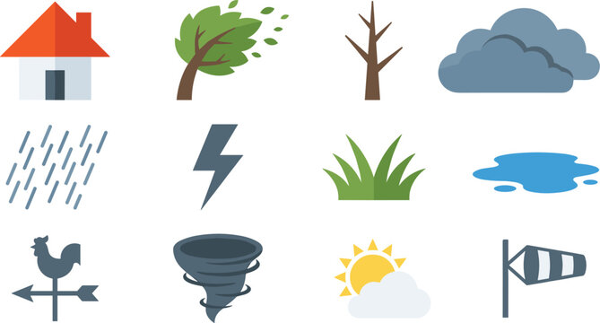 Flat Severe Weather and Natural Disaster Icon Set Featuring House Tornado Hurricane Wind Rain Lightning Storm Cloud and Windock Elements Vector