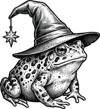 Hand Drawn Vintage Toad Wearing Wizard Hat with Hanging Star, Engraving Style Halloween Illustration Vector