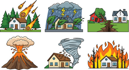 Cartoon House Natural Disaster Icon Set with Bold Outlines Featuring Meteor Strike Severe Thunderstorm Earthquake Volcano Eruption Tornado and House Fire Vector © Mdsahidul