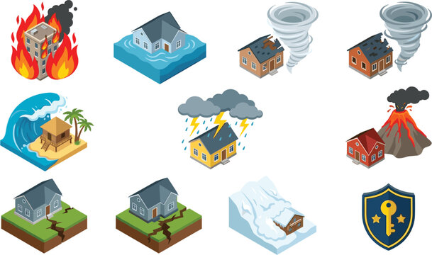 Isometric House Natural Disaster Icon Set Featuring Building Fire Flood Tsunami Tornado Earthquake Volcano Eruption and Avalanche Accident Scenes Vector