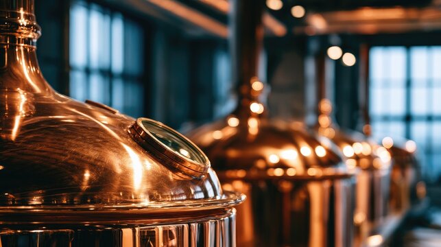 Row of polished copper brewing kettles in a dimly lit, industrial setting