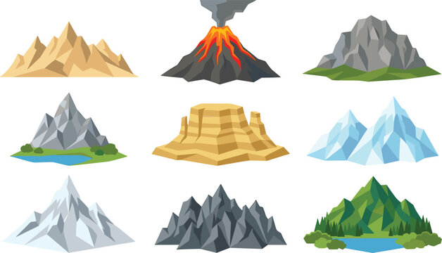 Flat Low Poly Mountain Icon Set with Erupting Volcano Desert Canyon Ice Peaks Highland Ridges and Scenic Nature Landscapes Vector