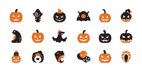 Fototapeta premium Halloween spooky pumpkin icons vector set featuring jack o lanterns and festive characters