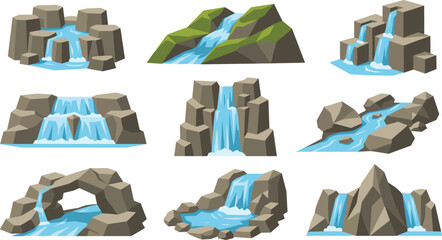 Flat Low Poly Waterfall Icon Set with Geometric Mountain Cliffs Rocky Arches Blocky Rocks Green Hills and River Stream Cascades Vector © Mostrenu
