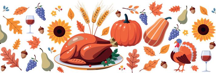 Thanksgiving feast illustration with turkey pumpkin and autumnal foliage © AHvect