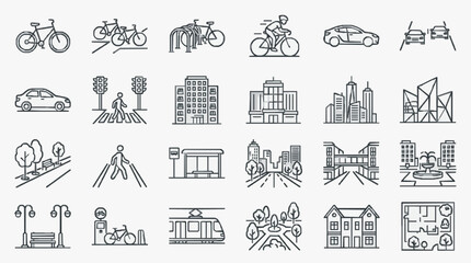 Elegant Black and White Line Icons Set Featuring Urban Transportation Architecture and City Life Elements © Luna