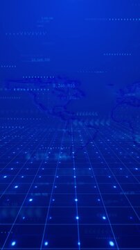 Futuristic global interface world map, numerical values, markers, luminous floor grid. banking reports, economic forecasts, enterprise analytics, stock presentations, international commerce, newsroom