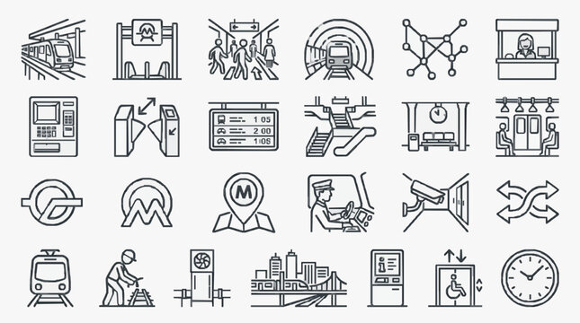 Elegant Monochromatic Line Icons Set Featuring Public Transportation Stations Safety and Services