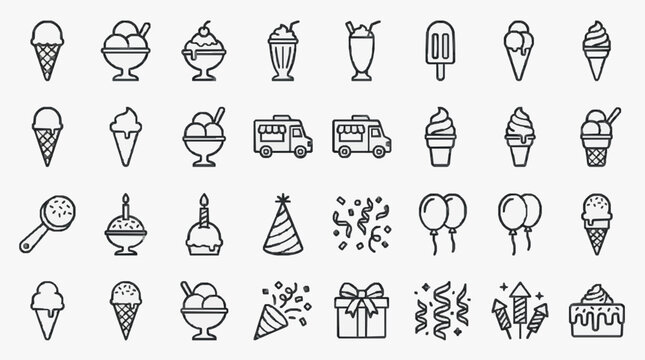 Elegant Black and White Line Art Collection Featuring Ice Cream Desserts Celebration Items and Party Supplies
