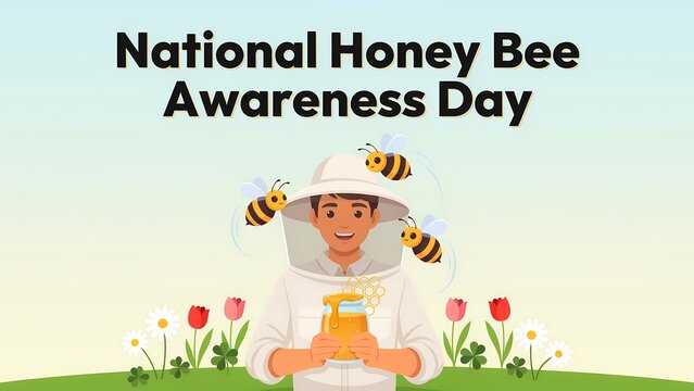 National honey bee awareness day vector illustration with beekeeper