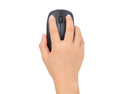 Hand gripping black computer mouse isolated on transparent background