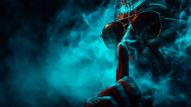 Mysterious person wearing sunglasses holding finger to lips making silence gesture