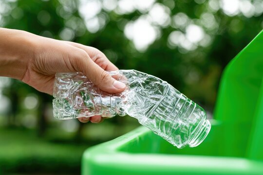 Hand holding crushed plastic bottle to discard into green bin