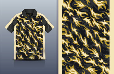 Fototapeta premium Jersey Sport Streetwear Design Abstract Flame Feather Pattern Gold Black Cream Polo Collar Sublimation Fashion